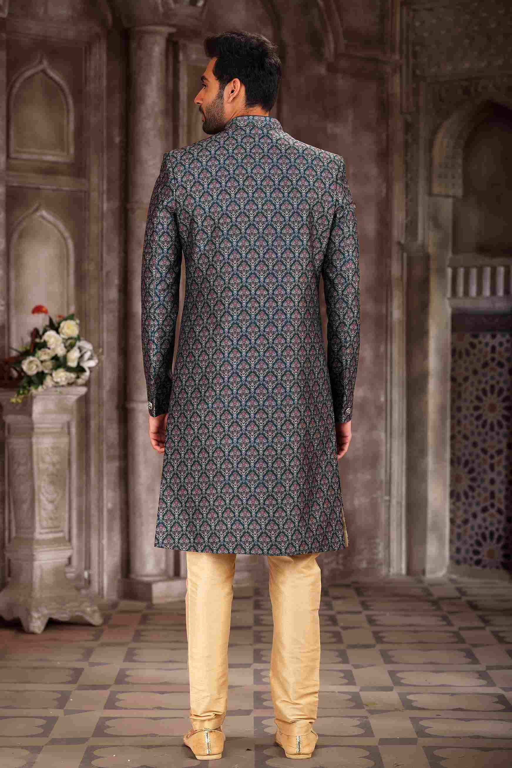 Raivat Ethnic Art Silk Digital Print Sherwani In Green Colour