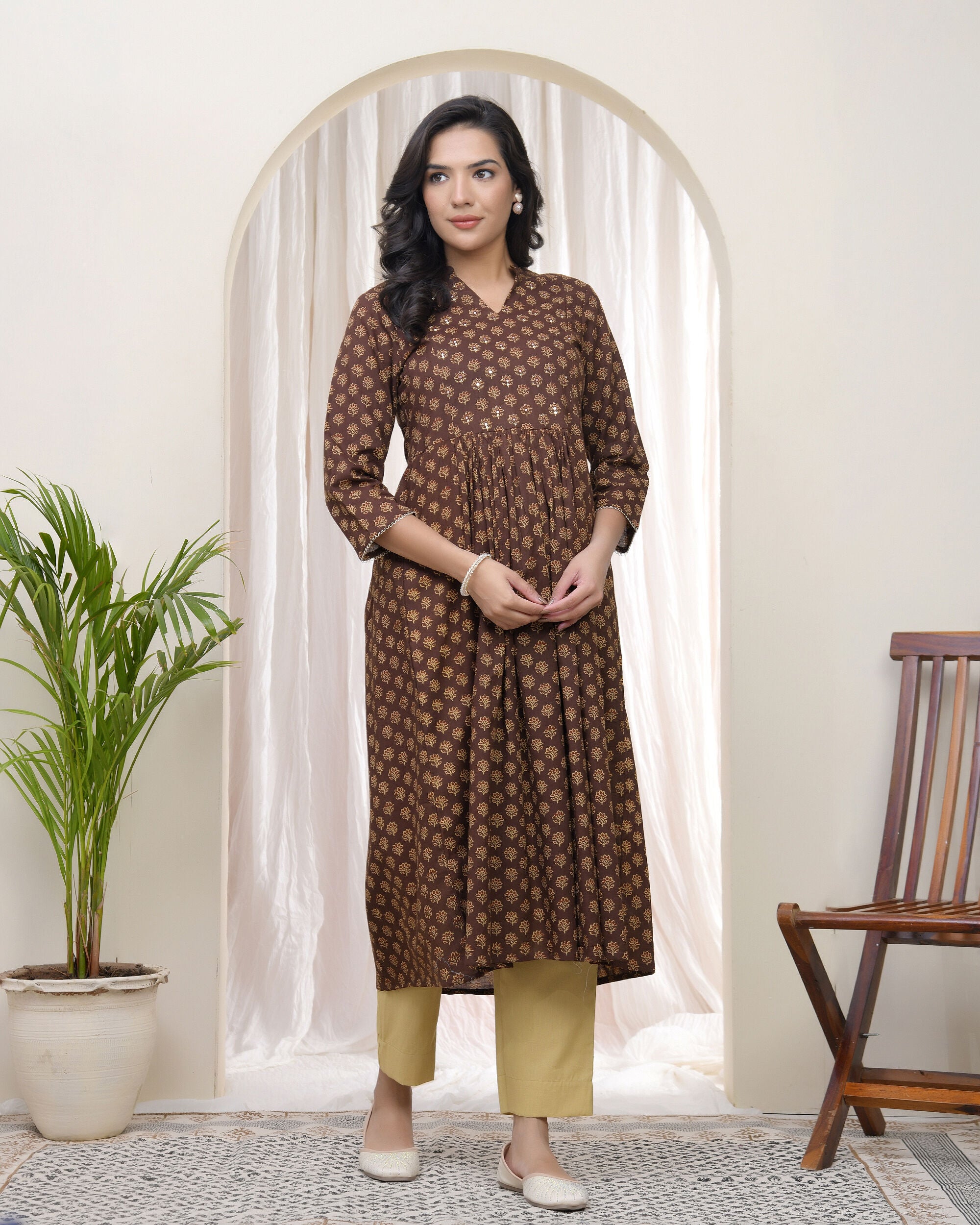 Vaasva Brown Boonta Cotton Printed Gathered Kurti