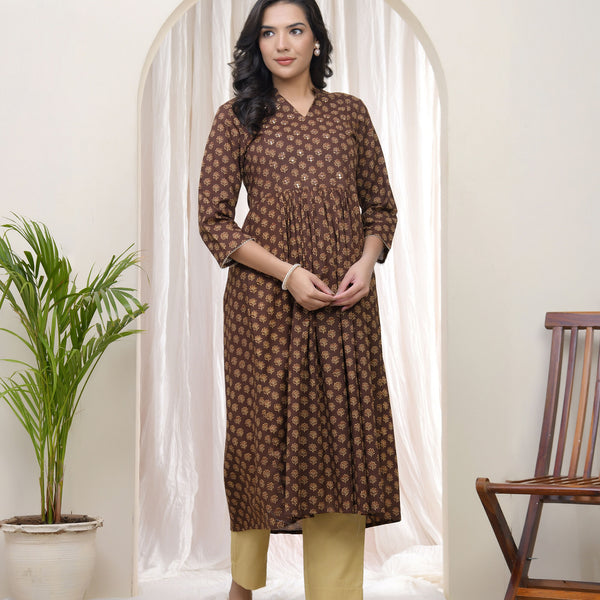 Vaasva Brown Boonta Cotton Printed Gathered Kurti