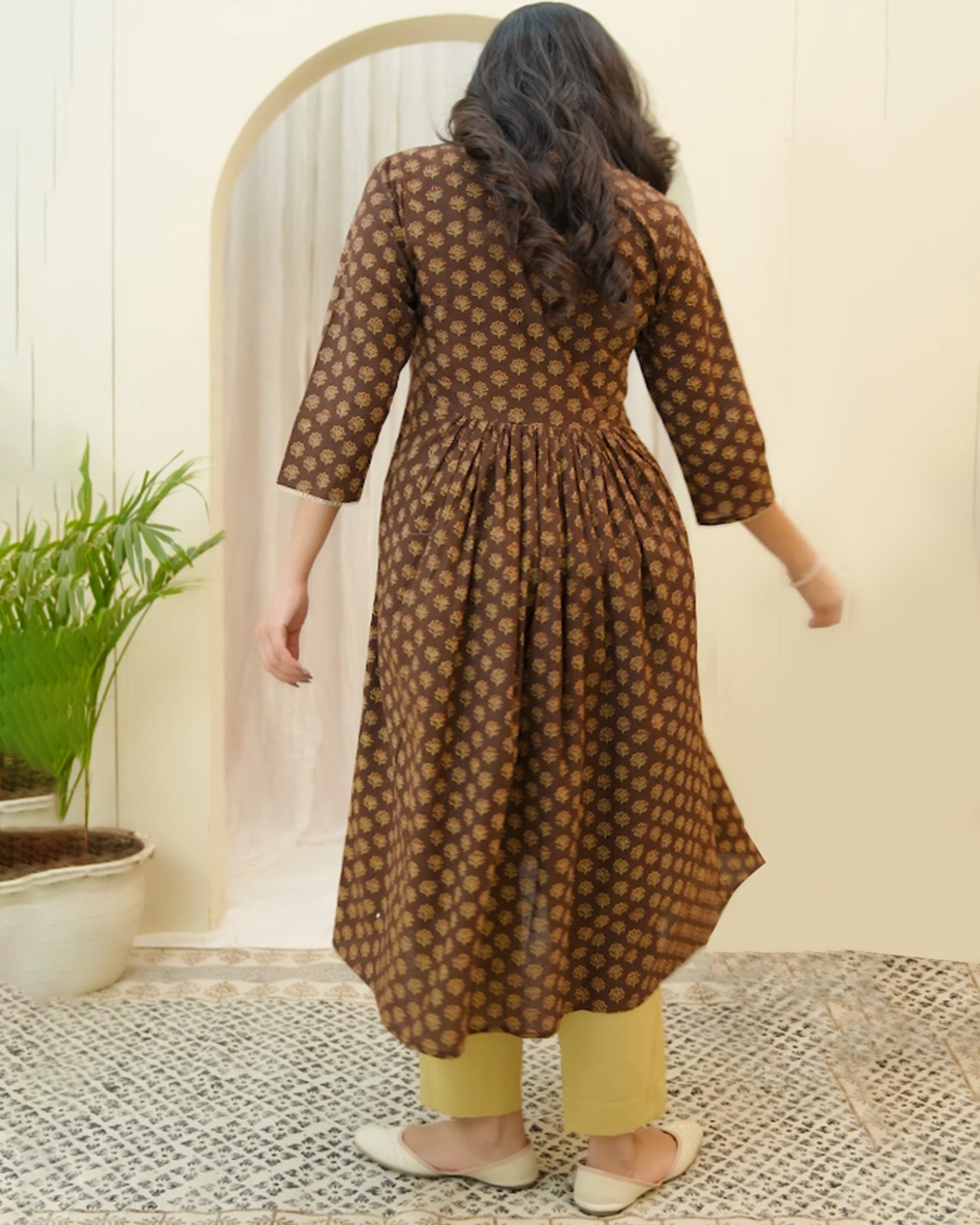 Vaasva Brown Boonta Cotton Printed Gathered Kurti - Distacart