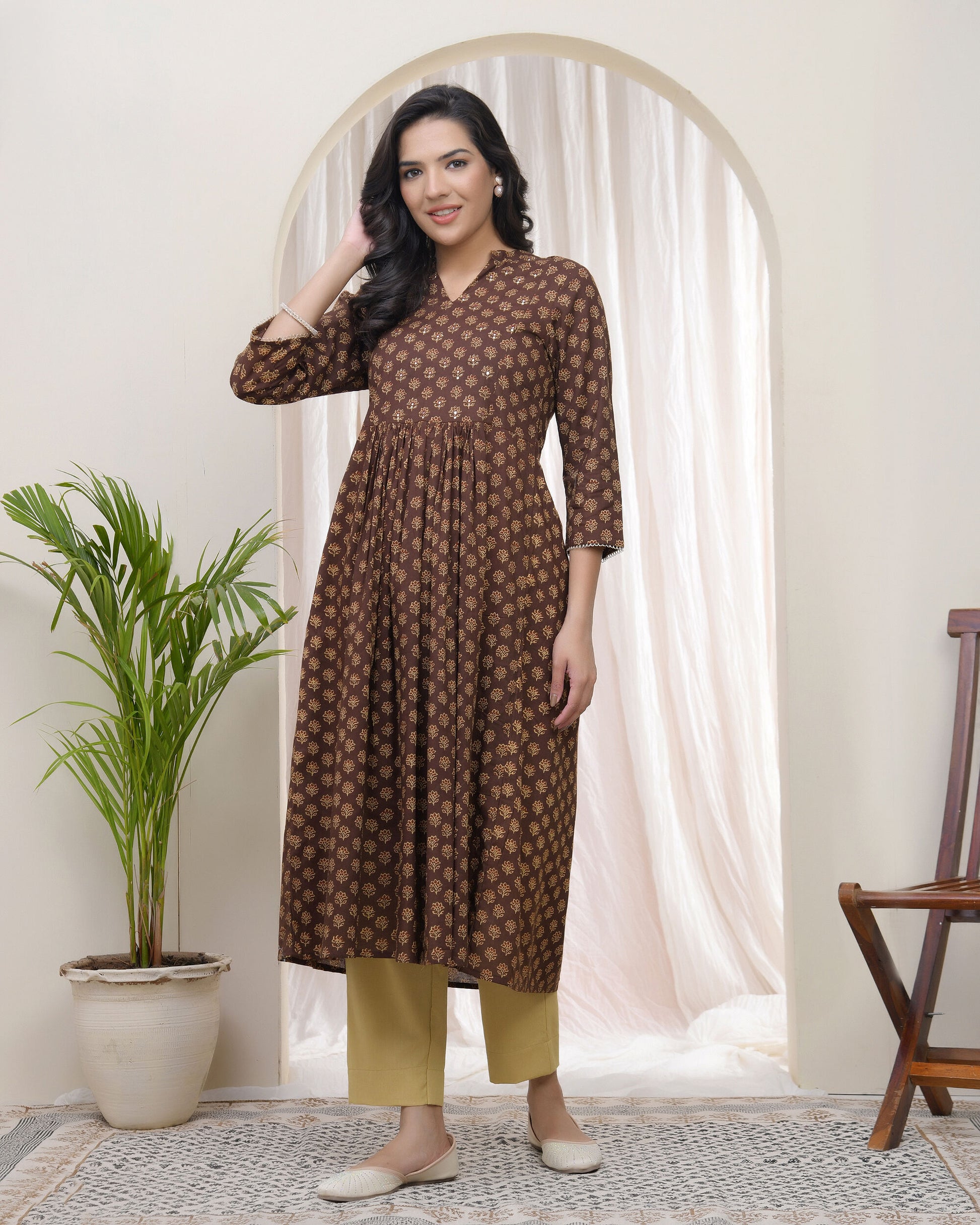 Vaasva Brown Boonta Cotton Printed Gathered Kurti - Distacart