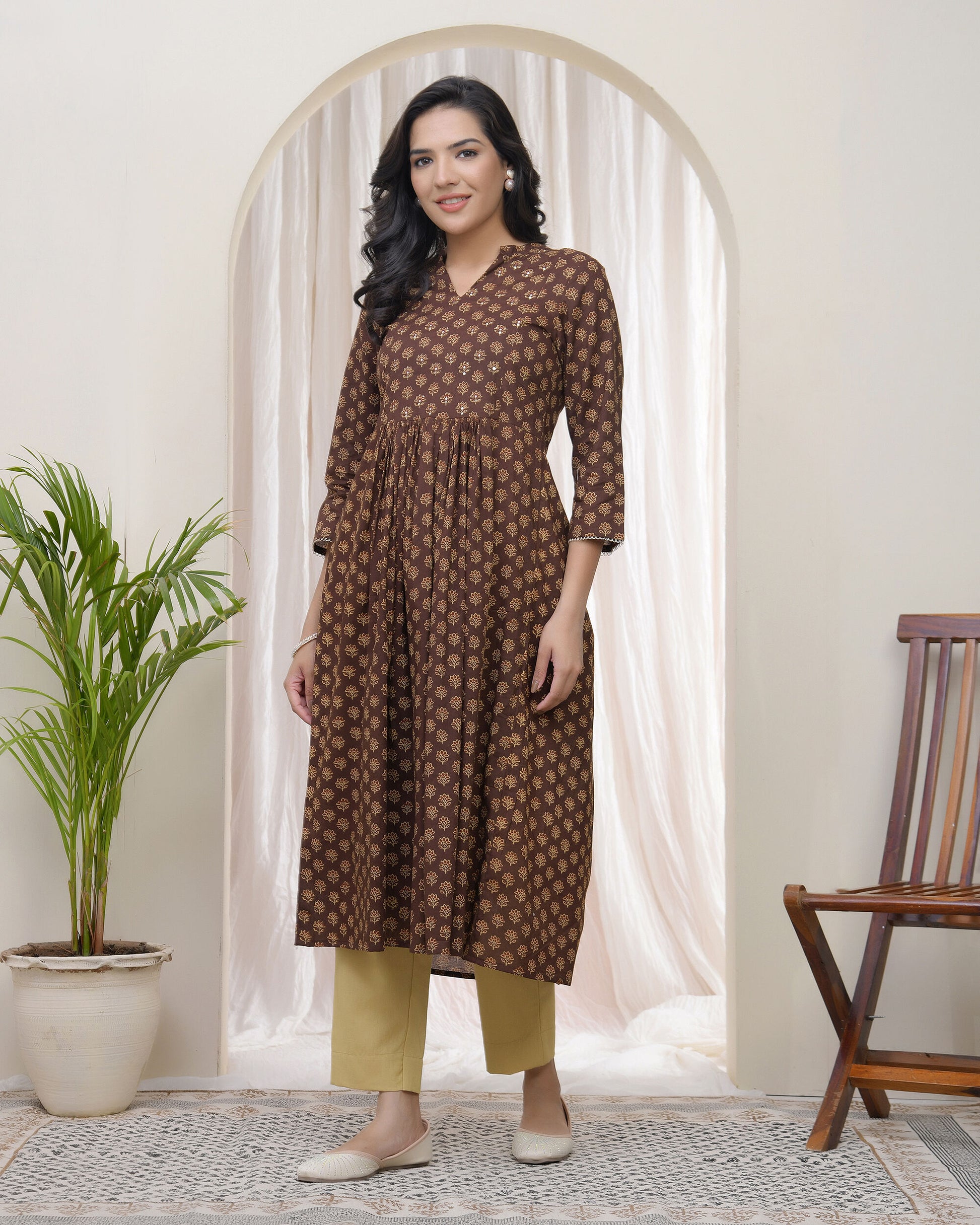 Vaasva Brown Boonta Cotton Printed Gathered Kurti - Distacart