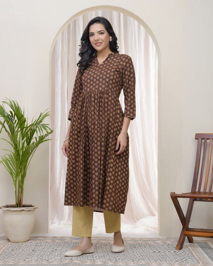 Vaasva Brown Boonta Cotton Printed Gathered Kurti - Distacart