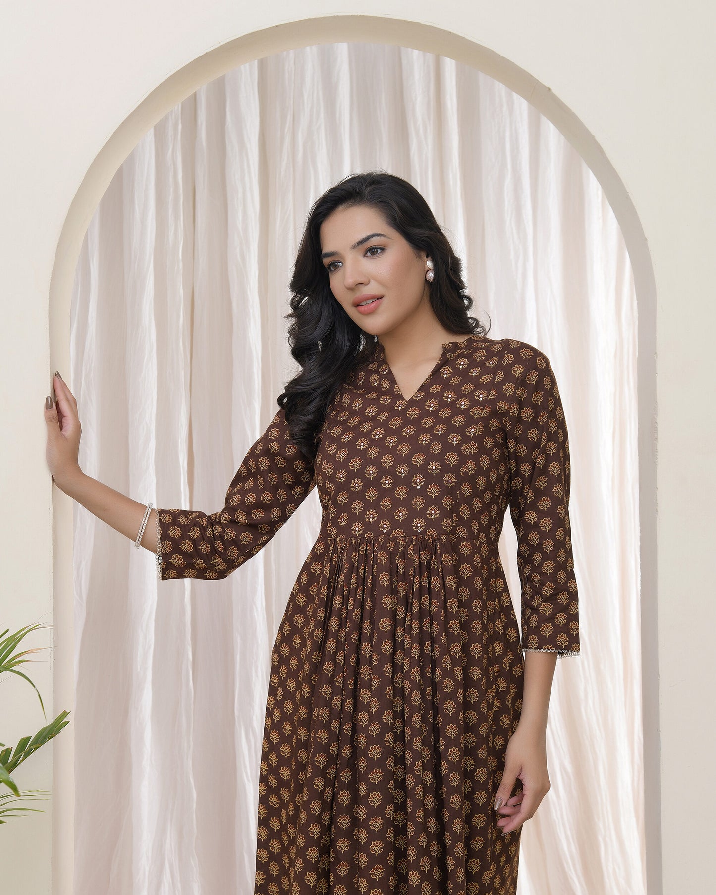 Vaasva Brown Boonta Cotton Printed Gathered Kurti - Distacart