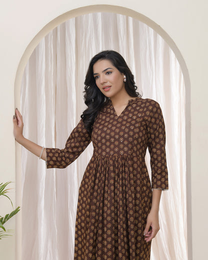 Vaasva Brown Boonta Cotton Printed Gathered Kurti - Distacart