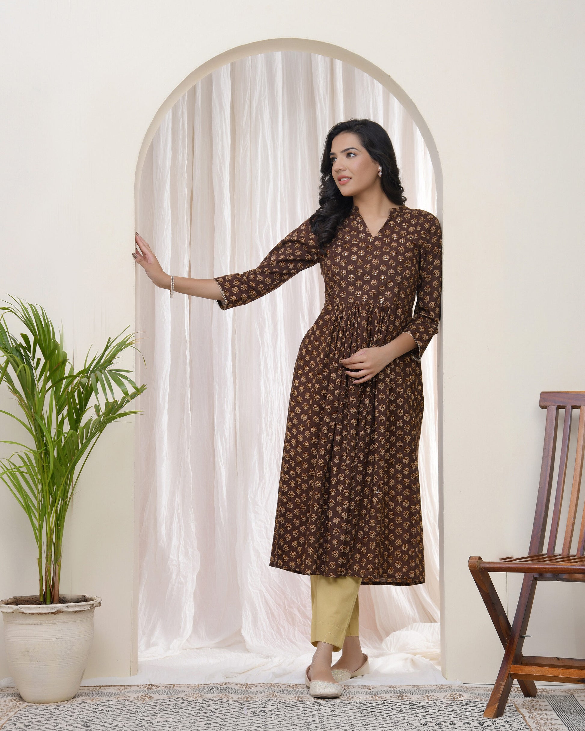 Vaasva Brown Boonta Cotton Printed Gathered Kurti - Distacart