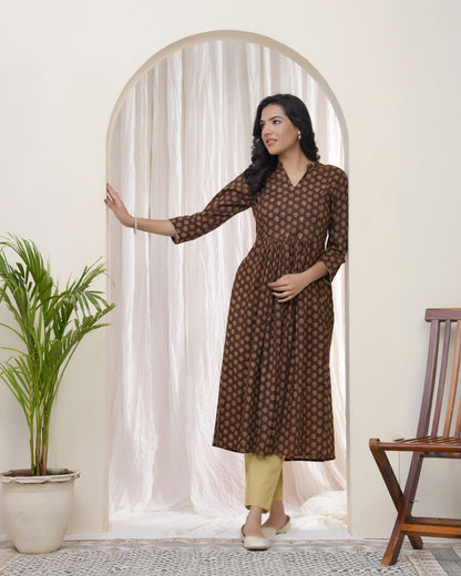 Vaasva Brown Boonta Cotton Printed Gathered Kurti - Distacart