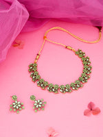 Thumbnail for Tehzeeb Creations Luxurious Gold Polished Sea Green Colour Diamond Choker Necklace Set With Matching Earrings - Distacart