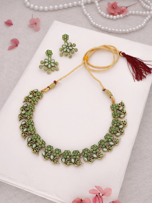 Tehzeeb Creations Luxurious Gold Polished Sea Green Colour Diamond Choker Necklace Set With Matching Earrings - Distacart