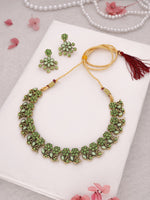 Thumbnail for Tehzeeb Creations Luxurious Gold Polished Sea Green Colour Diamond Choker Necklace Set With Matching Earrings - Distacart