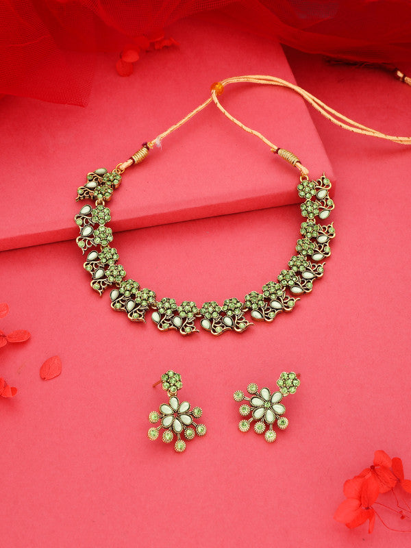 Tehzeeb Creations Luxurious Gold Polished Sea Green Colour Diamond Choker Necklace Set With Matching Earrings - Distacart