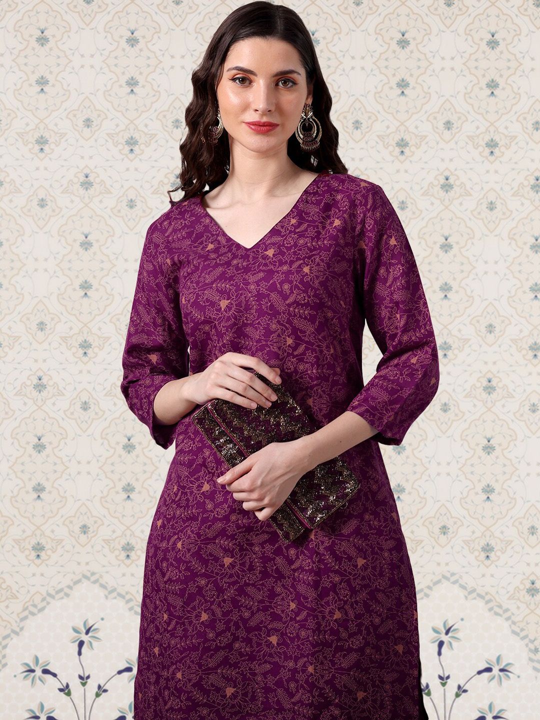 Ode by House of Pataudi V-Neck Floral Printed Kurta With Trousers - Distacart