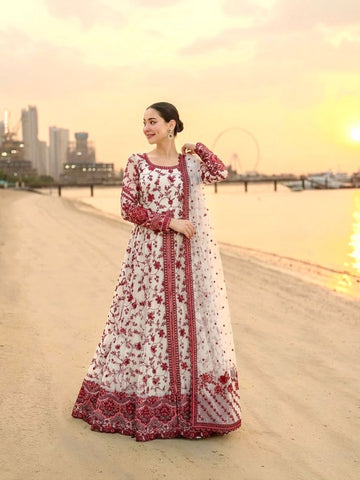 Anaita Red & White Faux Georgette Readymade Suit with Embroidery & Tassels attached - Dista