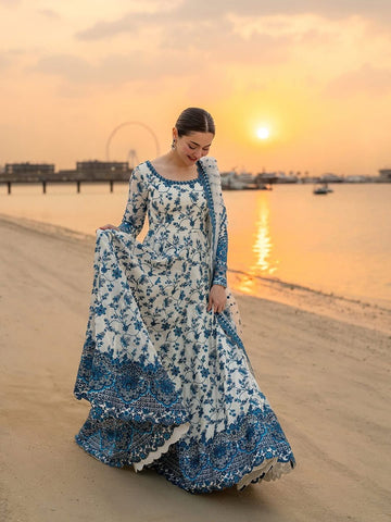 Anaita Blue & White Faux Georgette Readymade Suit with Embroidery & Tassels attached - Dista