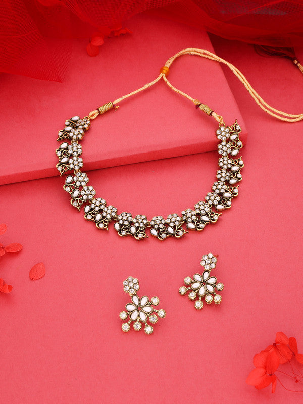 Tehzeeb Creations Luxurious Gold Polished White Colour Diamond Choker Necklace Set With Matching Earrings - Distacart