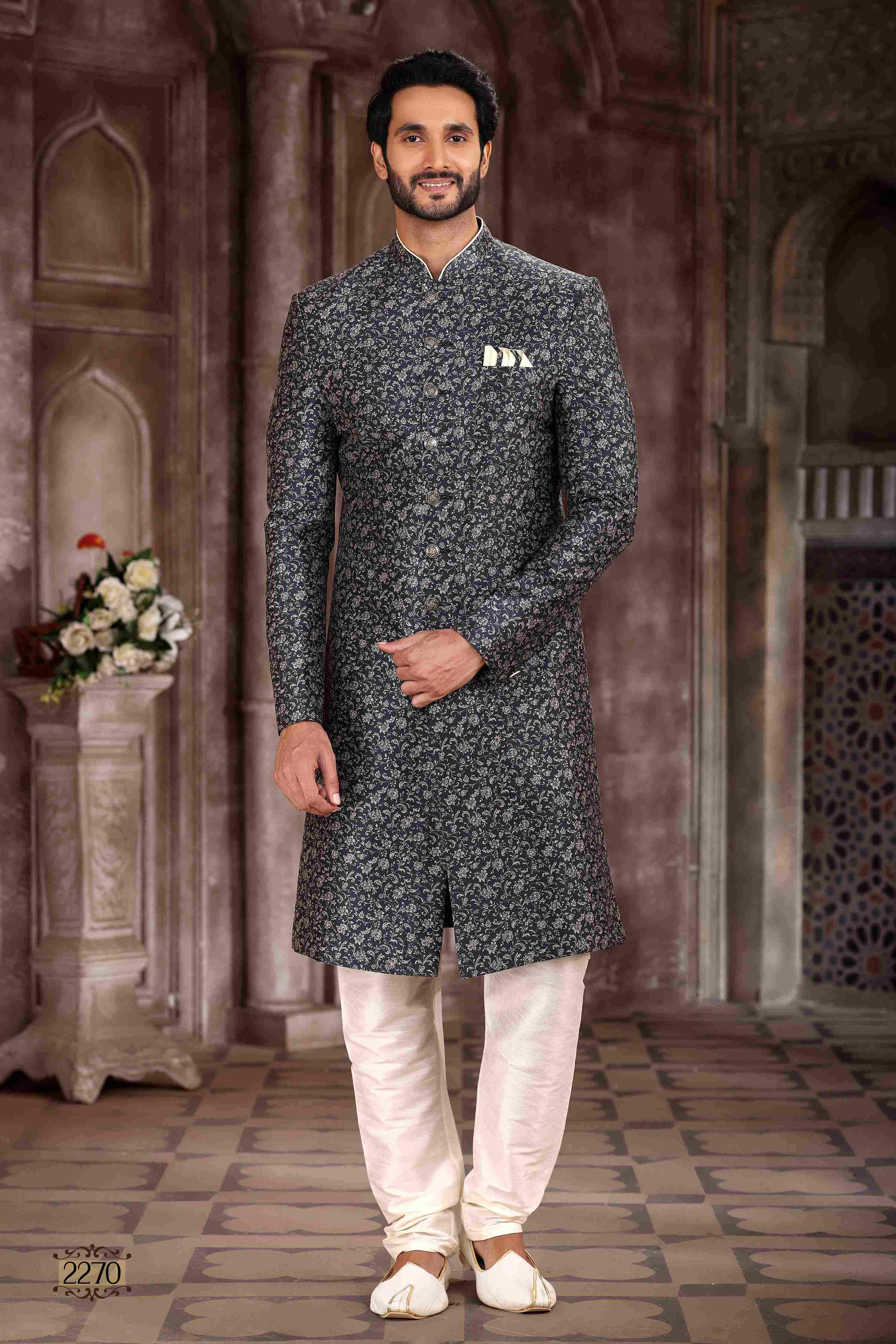 Raivat Ethnic Art Silk Digital Print Sherwani In Grey Black Colour