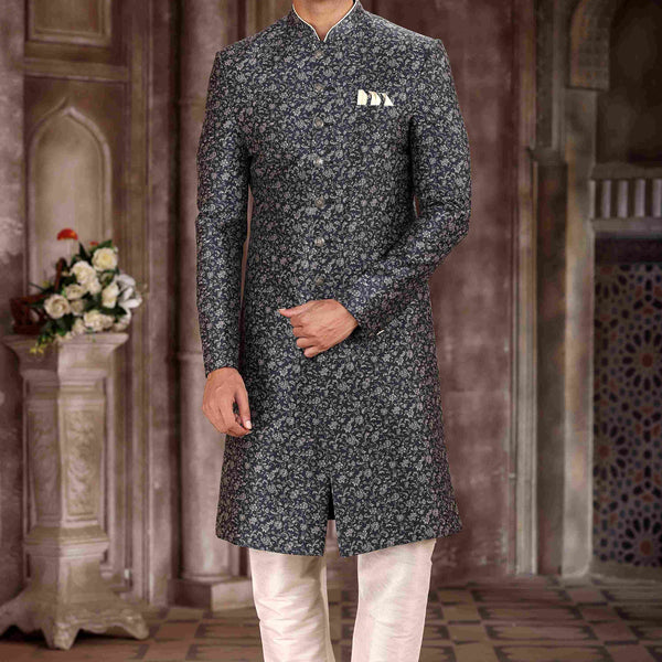 Raivat Ethnic Art Silk Digital Print Sherwani In Grey Black Colour