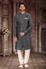 Thumbnail for Raivat Ethnic Art Silk Digital Print Sherwani In Grey Black Colour