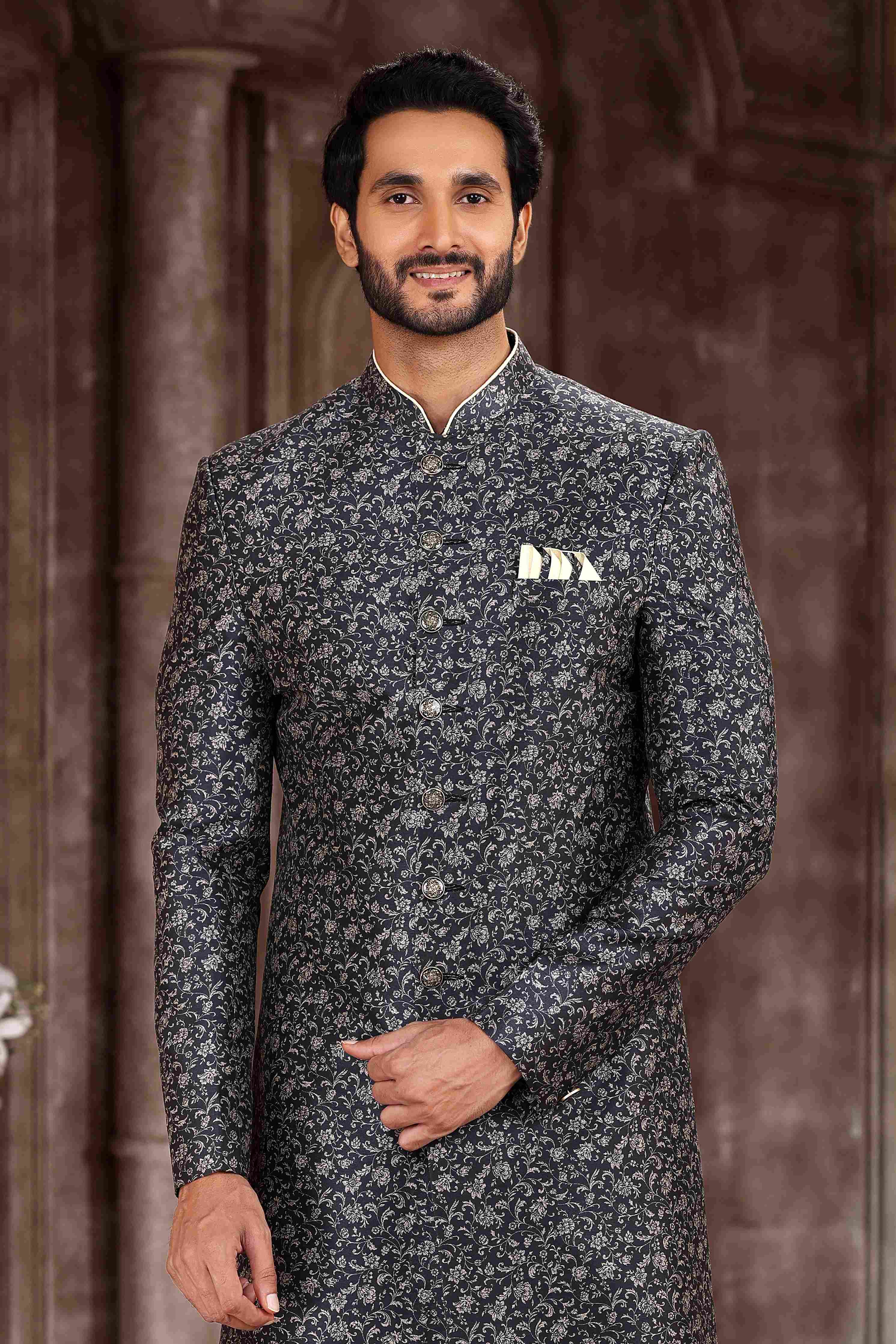 Raivat Ethnic Art Silk Digital Print Sherwani In Grey Black Colour