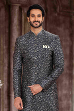 Thumbnail for Raivat Ethnic Art Silk Digital Print Sherwani In Grey Black Colour