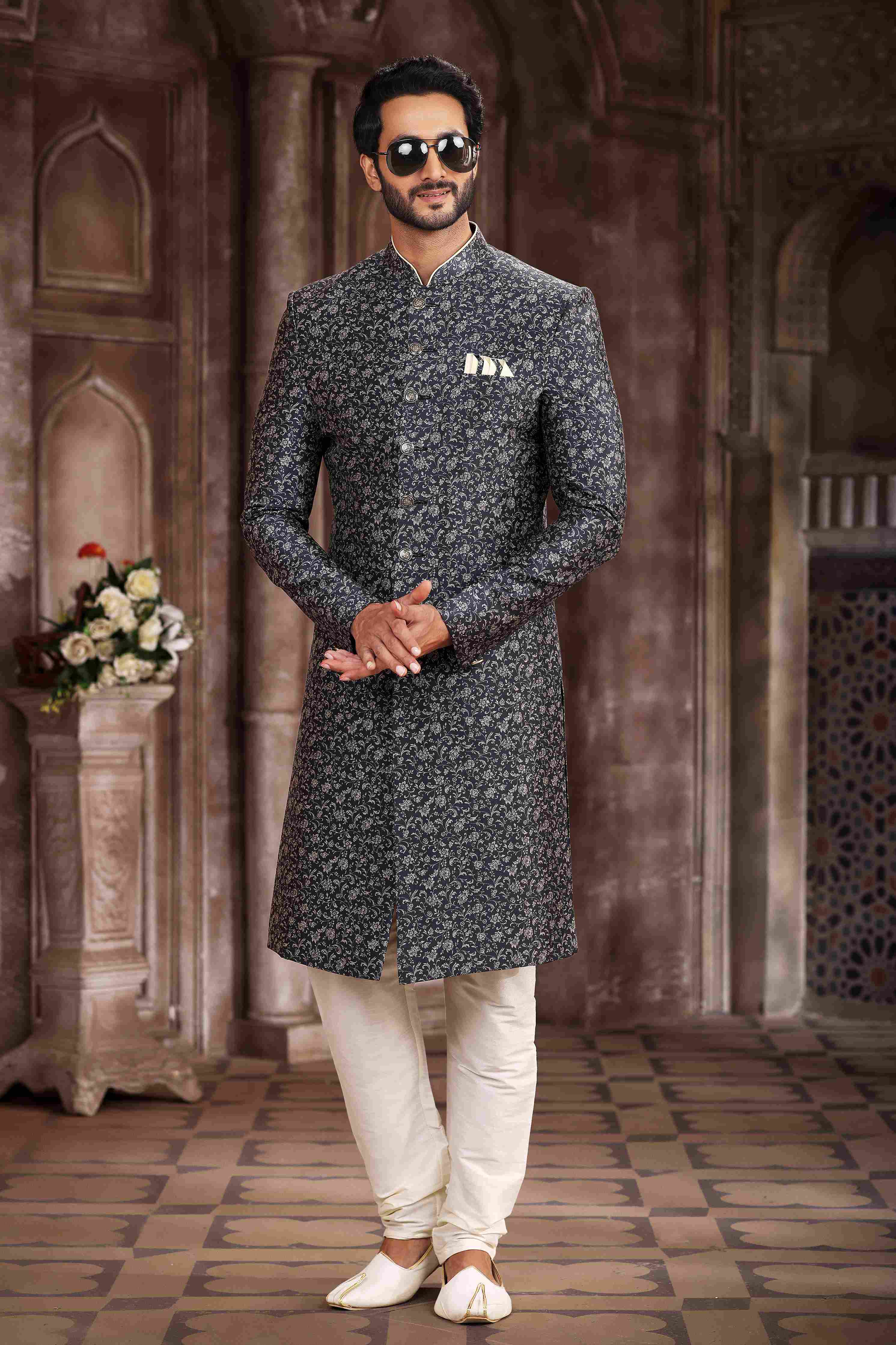 Raivat Ethnic Art Silk Digital Print Sherwani In Grey Black Colour