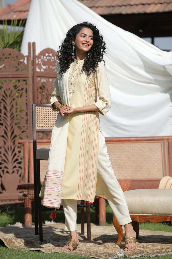 Juniper Women's Ivory Stipes Printed Rayon Straight Kurta Pants & Cotton Voile Dupatta - Distacart