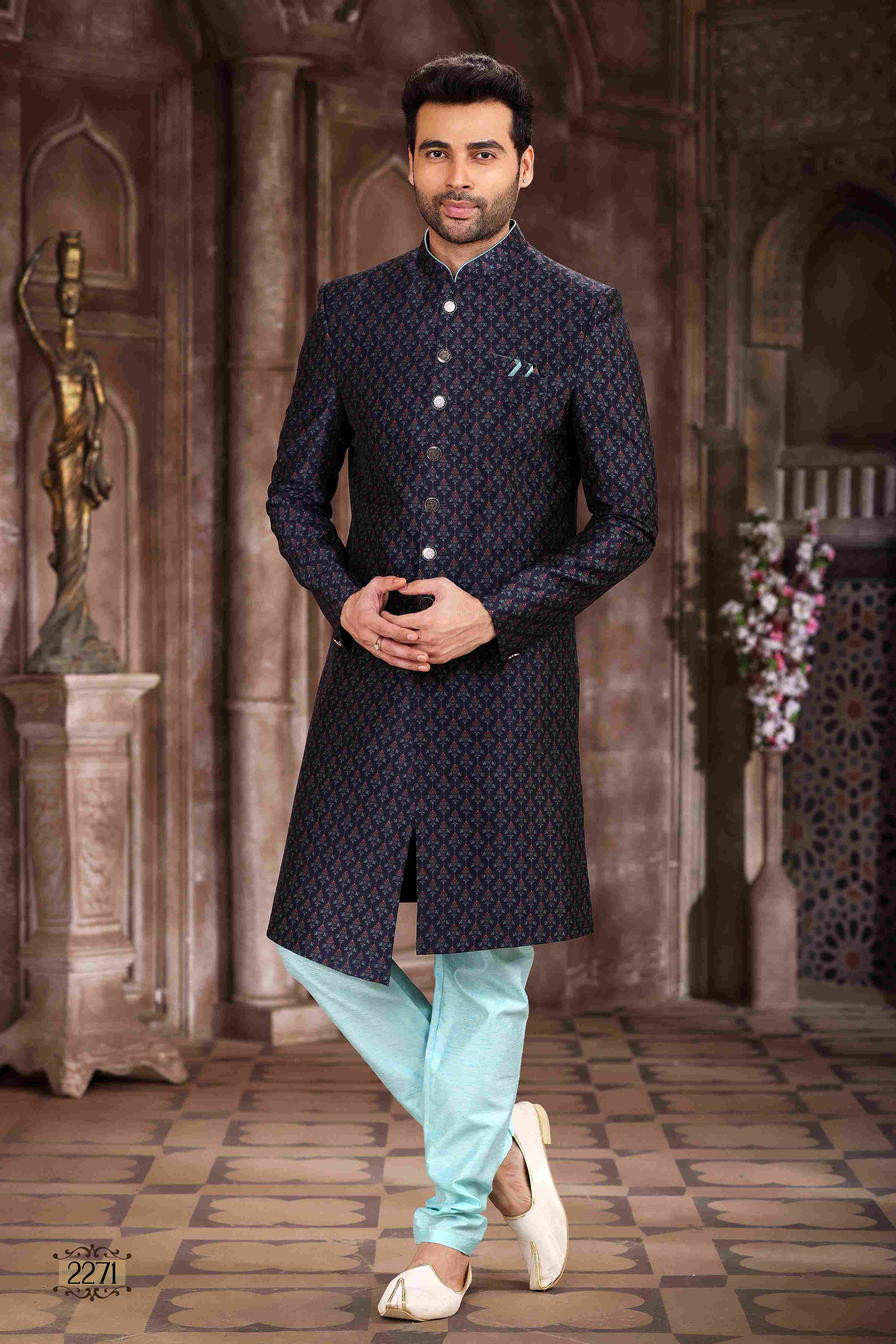 Raivat Ethnic Art Silk Digital Print Sherwani In Blue Colour