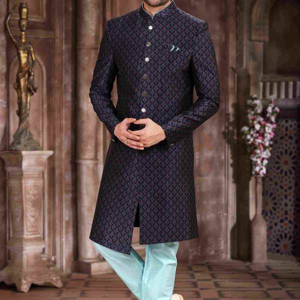 Raivat Ethnic Art Silk Digital Print Sherwani In Blue Colour