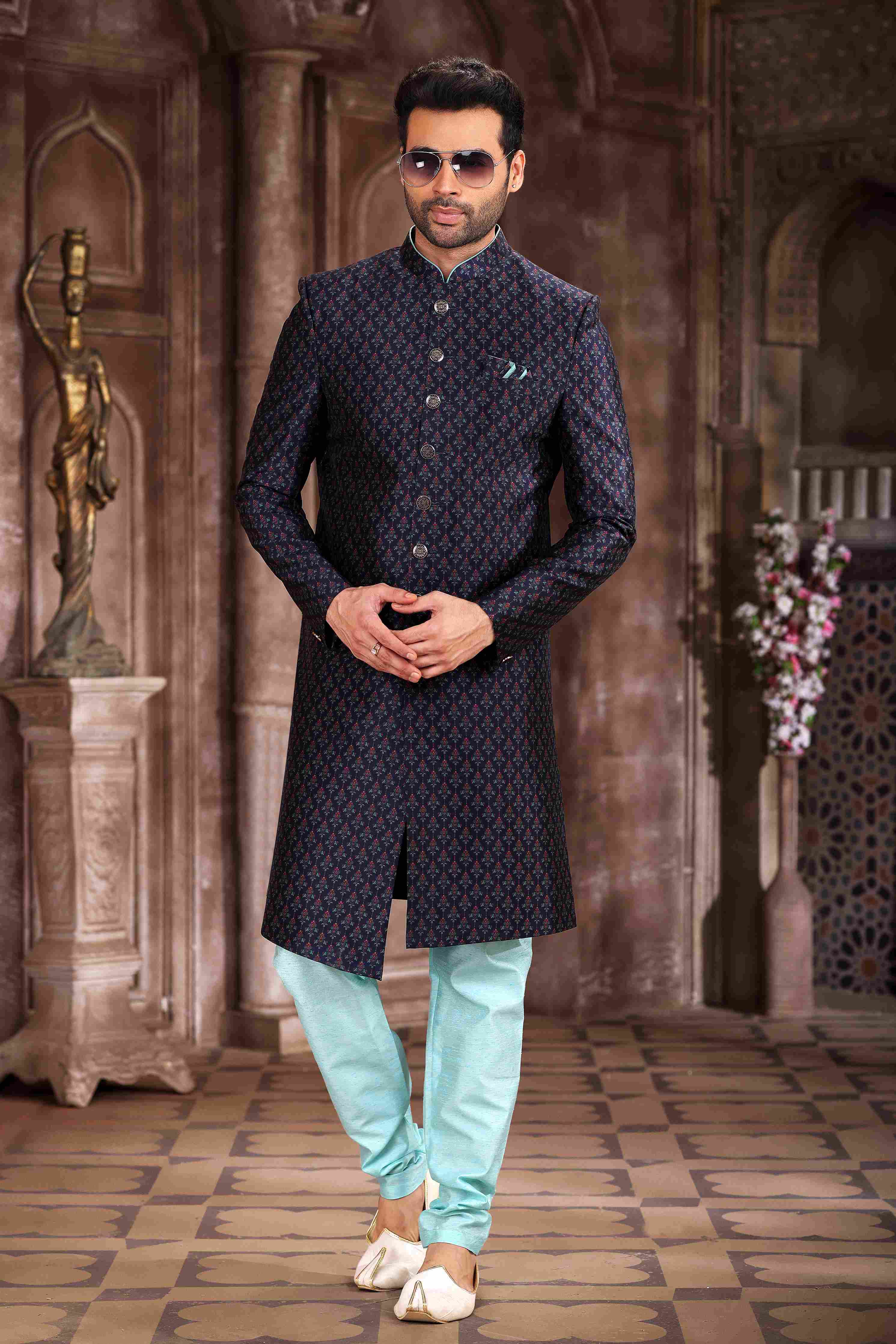Raivat Ethnic Art Silk Digital Print Sherwani In Blue Colour