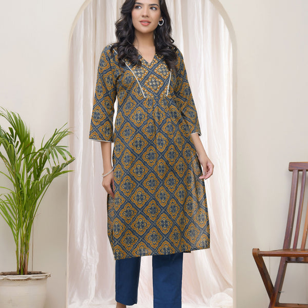 Vaasva Blue Ajrakh Cotton Printed Gathered Kurti