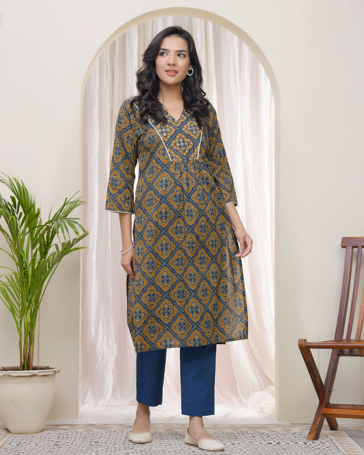 Vaasva Blue Ajrakh Cotton Printed Gathered Kurti - Distacart