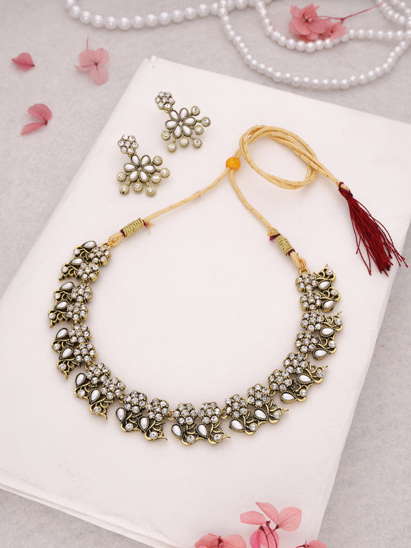 Tehzeeb Creations Luxurious Gold Polished White Colour Diamond Choker Necklace Set With Matching Earrings - Distacart