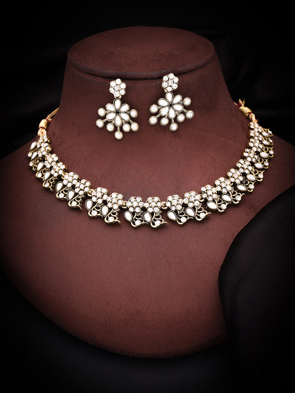 Tehzeeb Creations Luxurious Gold Polished White Colour Diamond Choker Necklace Set With Matching Earrings - Distacart