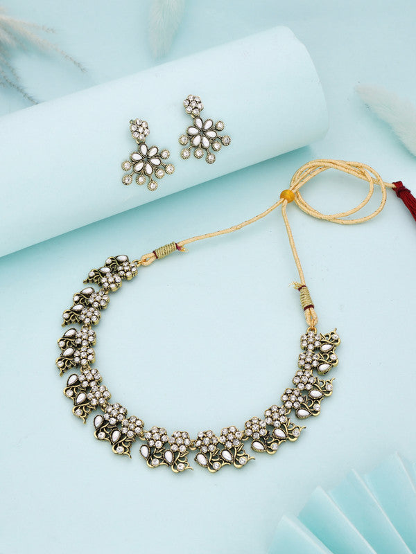 Tehzeeb Creations Luxurious Gold Polished White Colour Diamond Choker Necklace Set With Matching Earrings - Distacart