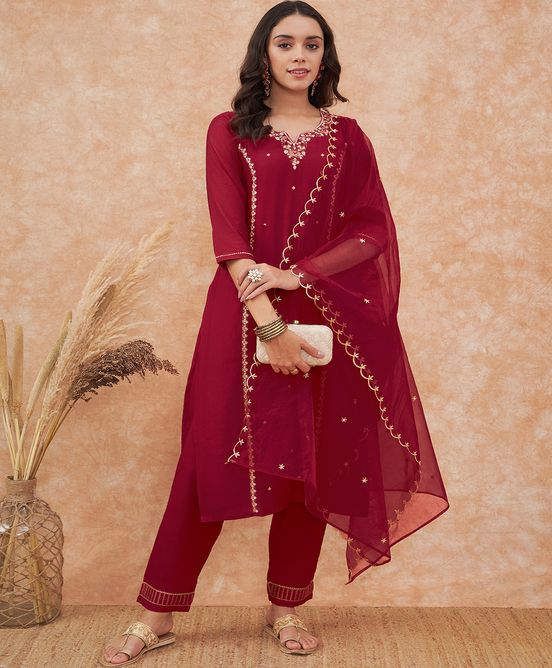 Sangria Maroon Floral Embroidered Straight Kurta With Trousers & Dupatta