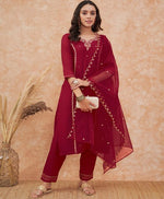 Thumbnail for Sangria Maroon Floral Embroidered Straight Kurta With Trousers & Dupatta