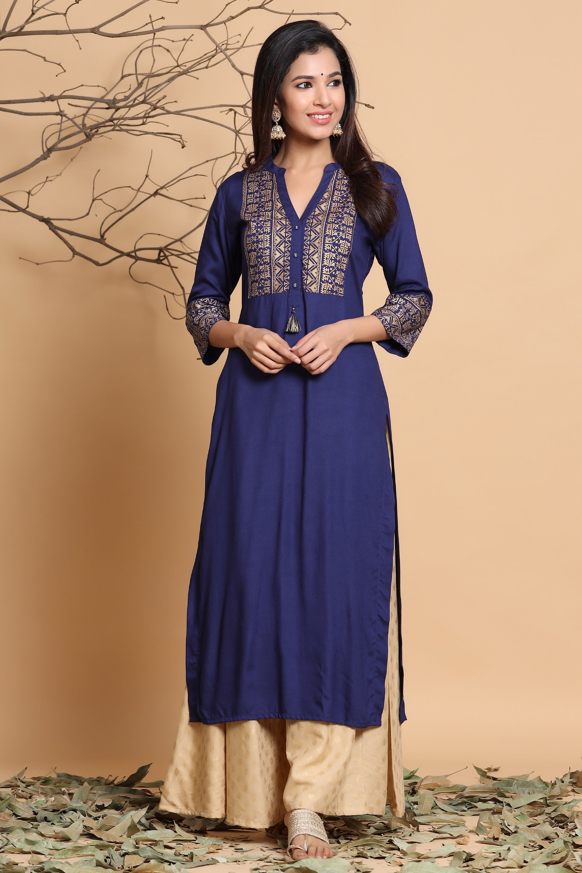Juniper Women's Indigo Geometric Printed Rayon Kurta With Tassels Detail