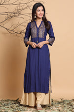 Thumbnail for Juniper Women's Indigo Geometric Printed Rayon Kurta With Tassels Detail