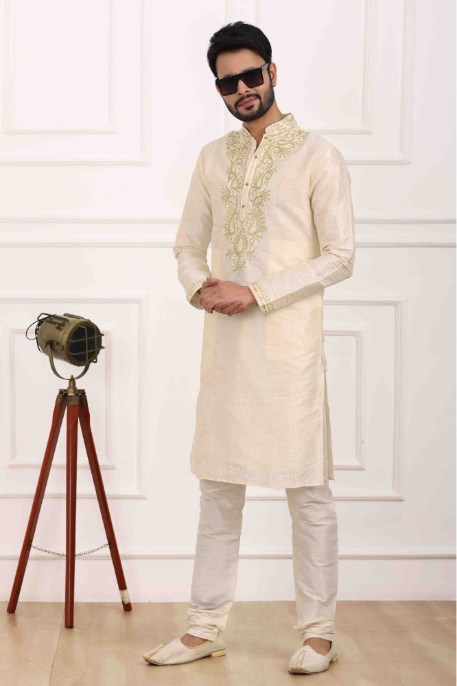 Raivat Ethnic Art Banarasi Silk Thread Work Kurta Pajama In Cream Colour
