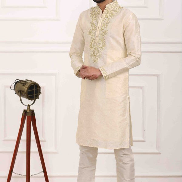 Raivat Ethnic Art Banarasi Silk Thread Work Kurta Pajama In Cream Colour