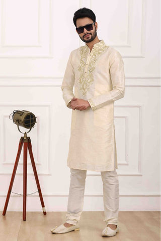 Raivat Ethnic Art Banarasi Silk Thread Work Kurta Pajama In Cream Colour