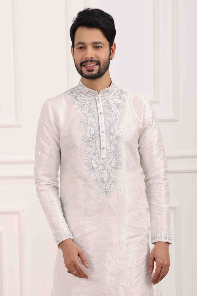Raivat Ethnic Art Banarasi Silk Thread Work Kurta Pajama In Off White Colour