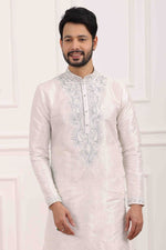 Thumbnail for Raivat Ethnic Art Banarasi Silk Thread Work Kurta Pajama In Off White Colour