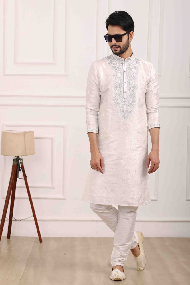 Raivat Ethnic Art Banarasi Silk Thread Work Kurta Pajama In Off White Colour