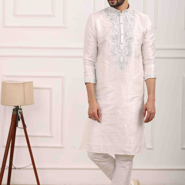 Raivat Ethnic Art Banarasi Silk Thread Work Kurta Pajama In Off White Colour