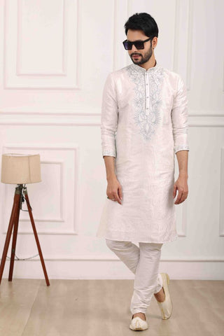 Raivat Ethnic Art Banarasi Silk Thread Work Kurta Pajama In Off White Colour