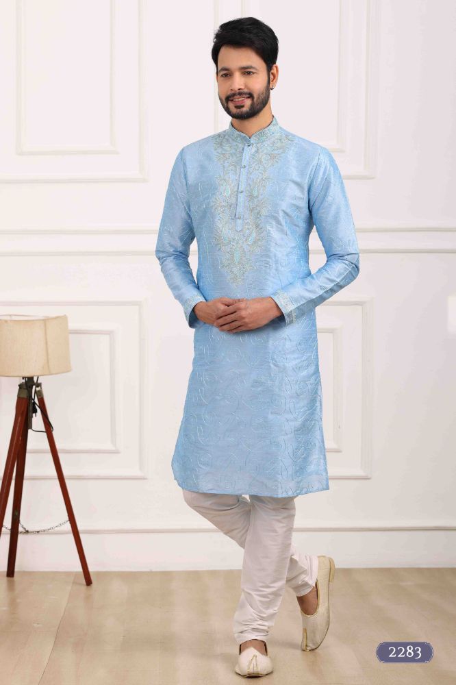 Raivat Ethnic Art Banarasi Silk Thread Work Kurta Pajama In Sky Blue Colour