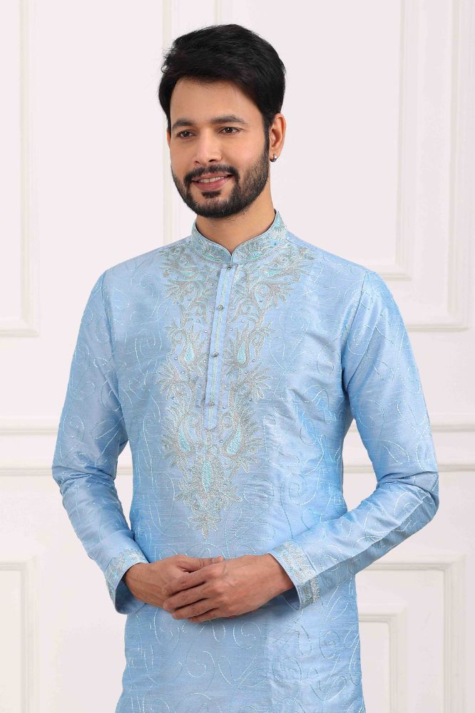 Raivat Ethnic Art Banarasi Silk Thread Work Kurta Pajama In Sky Blue Colour