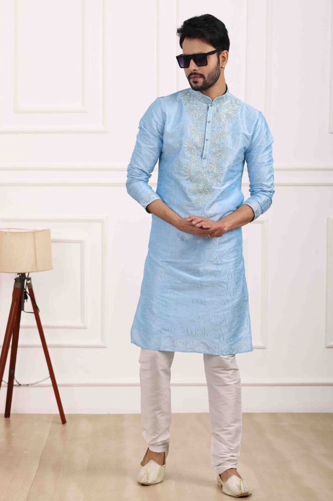 Raivat Ethnic Art Banarasi Silk Thread Work Kurta Pajama In Sky Blue Colour