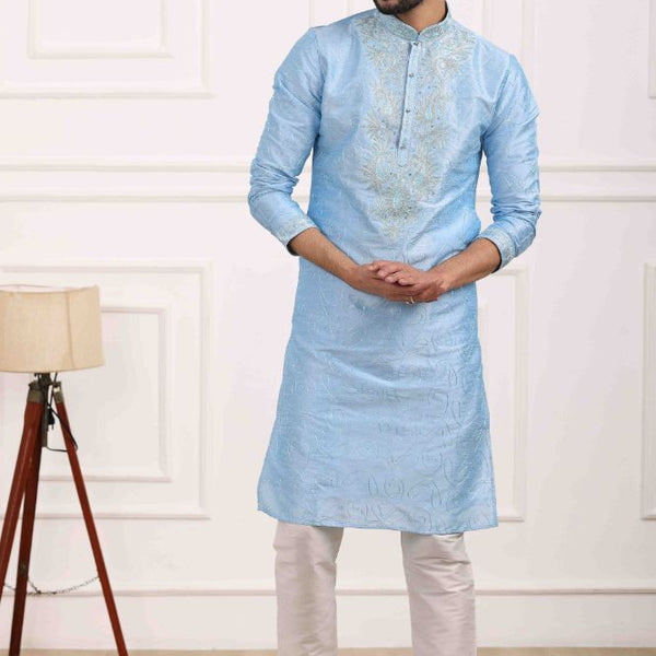 Raivat Ethnic Art Banarasi Silk Thread Work Kurta Pajama In Sky Blue Colour